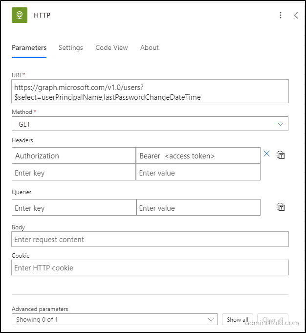 Configure parameters for HTTP action