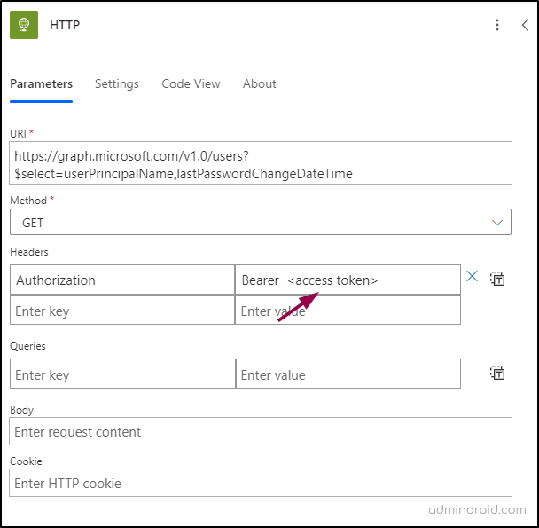 Add access token value into HTTP header