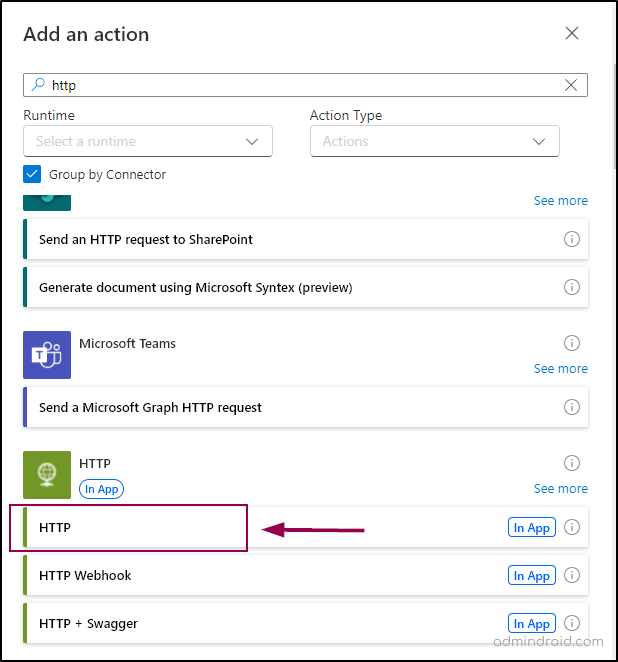 Select HTTP action