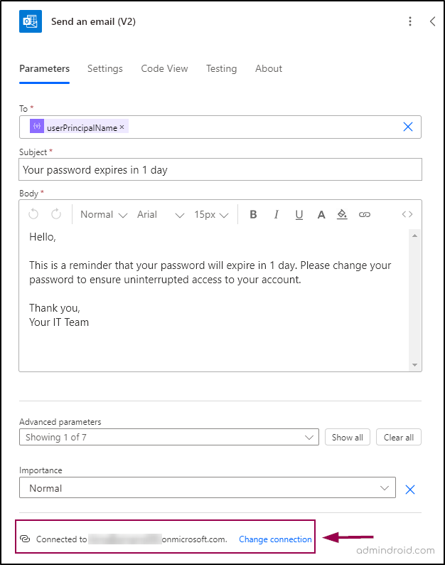 Enter email subject and body for password expiration notification