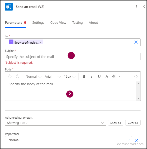 Enter email subject and body