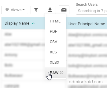 AdminDroid Office 365 Reporter - Exporting reports to HTML, PDF, CSV, XLS, XLSX and RAW.