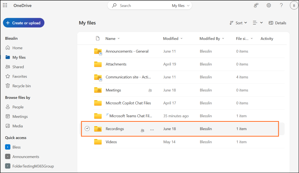 Teams meeting recording in OneDrive