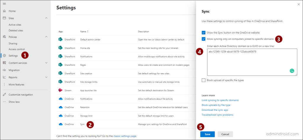 Allowing specific domains to sync