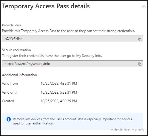 Temporary Access Pass Details