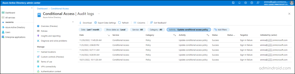 Monitor conditional access policy using Azure AD Audit logs