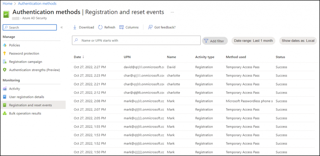 Inbuilt Reports on Azure MFA Registration and Reset Events