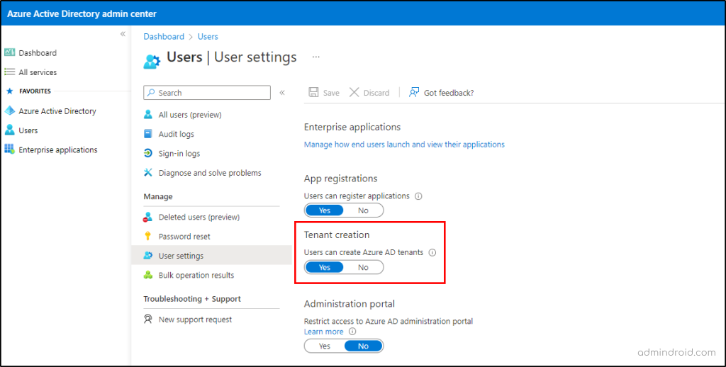 New 'User Tenant Creation' Toggle Bar