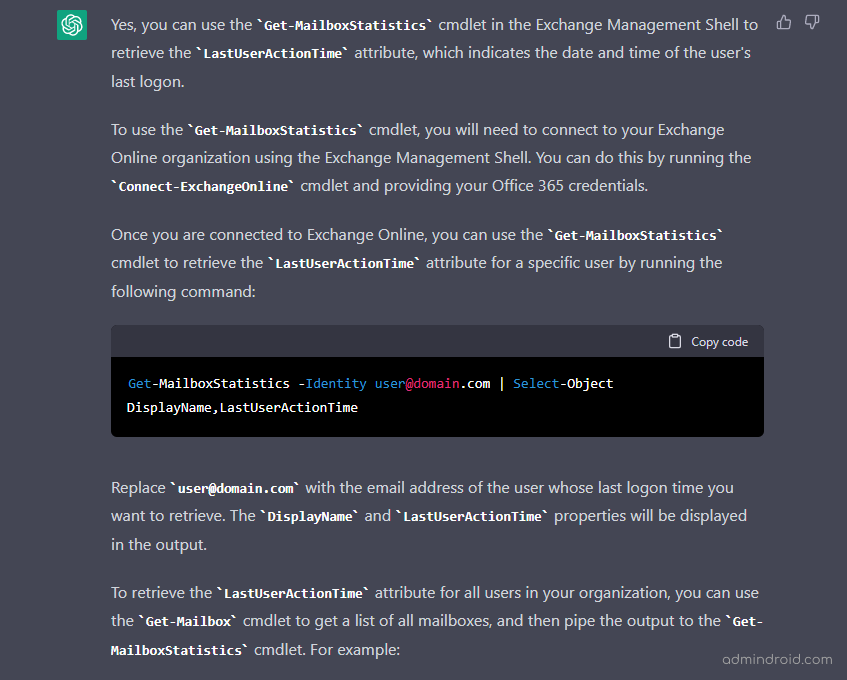 List the Real Last Logon Time of all Office 365 Users using chat gpt