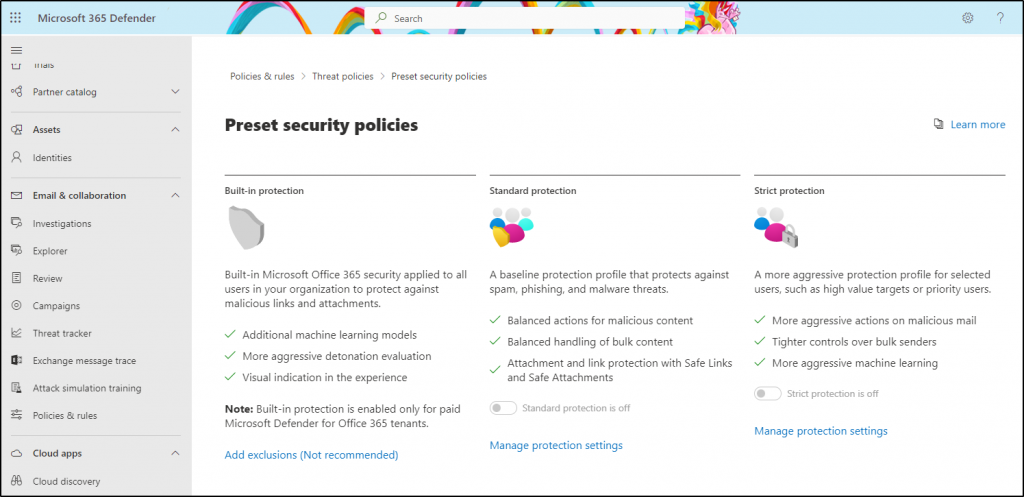 Preset Security Policies in Microsoft Defender