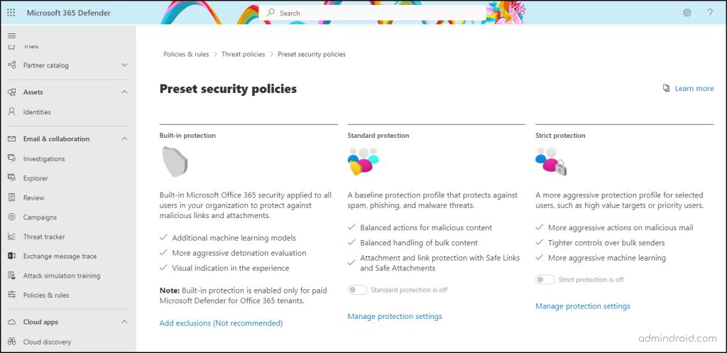 Preset Security Policies in Microsoft Defender