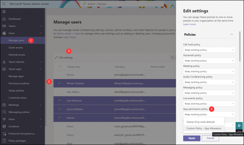 Assign teams app permission policies to multiple users