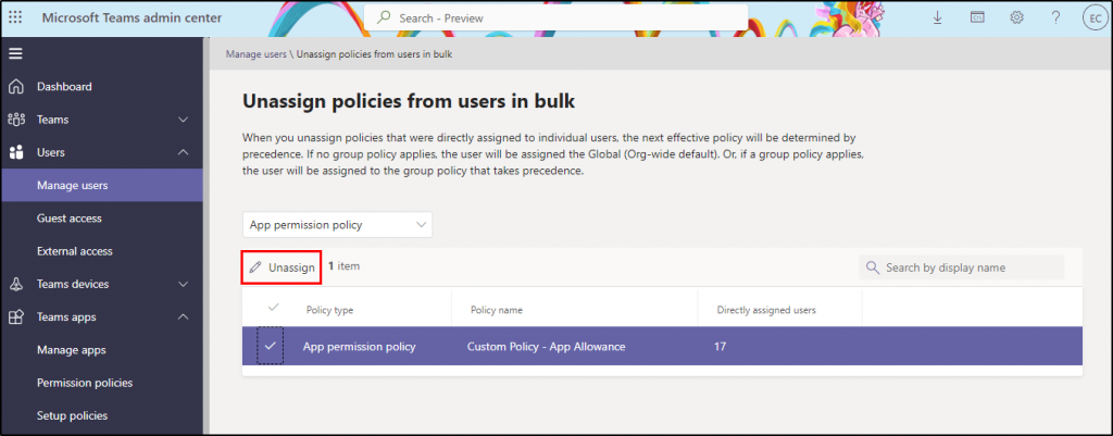 Remove all users from Teams app permission policy
