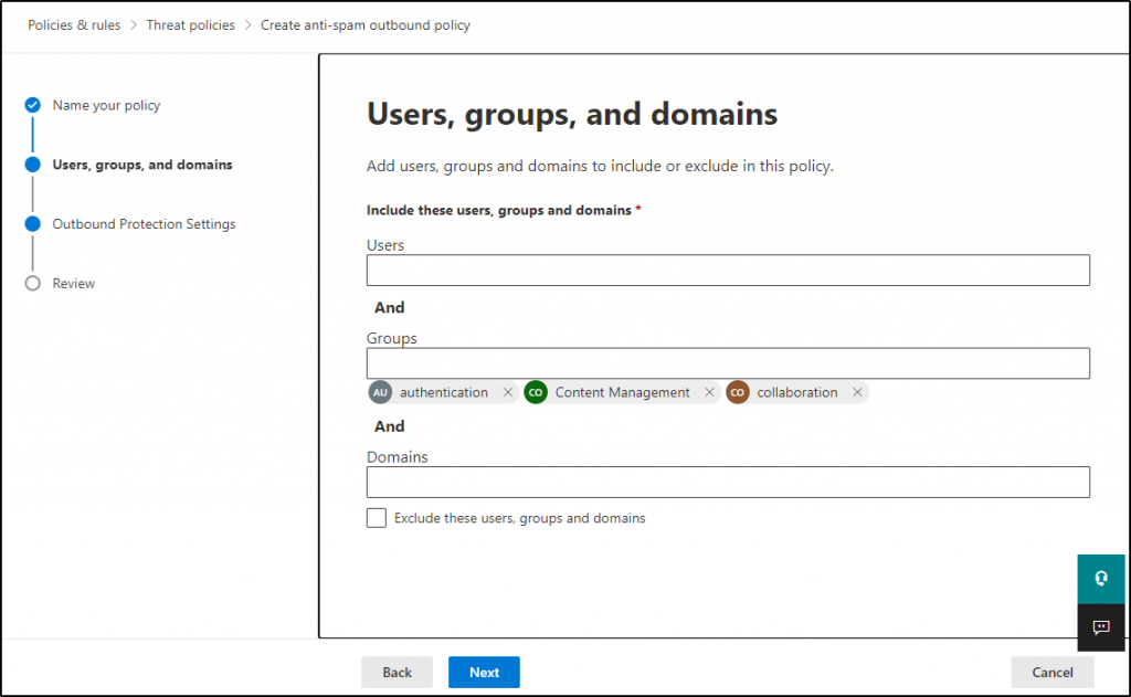 Add Users and groups to the outbound spam policy