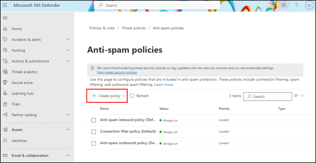 Create a new outbound spam policy