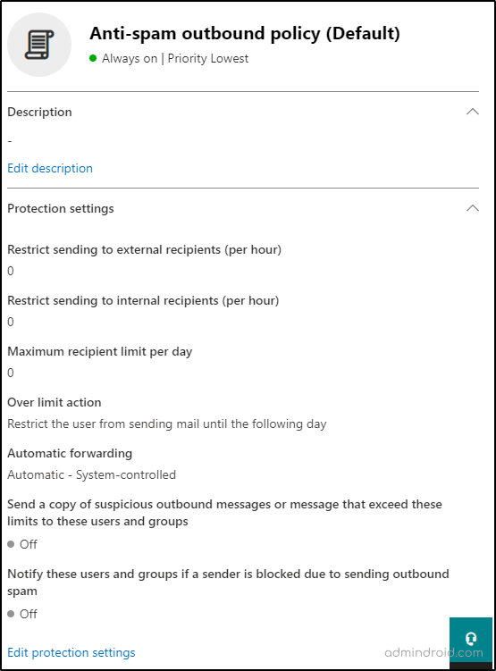 Default Outbound Spam Policy in Microsoft 365 Defender