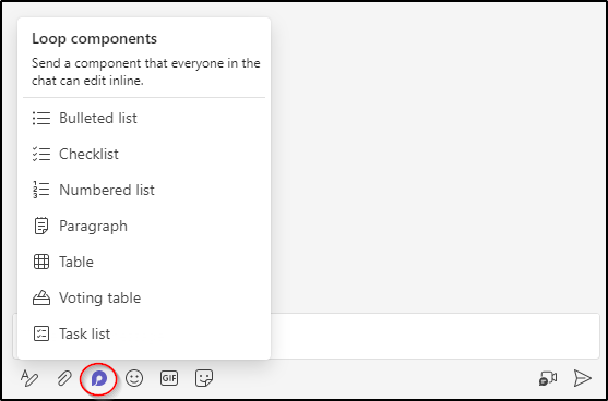 Microsoft Loop Components in Team Chat