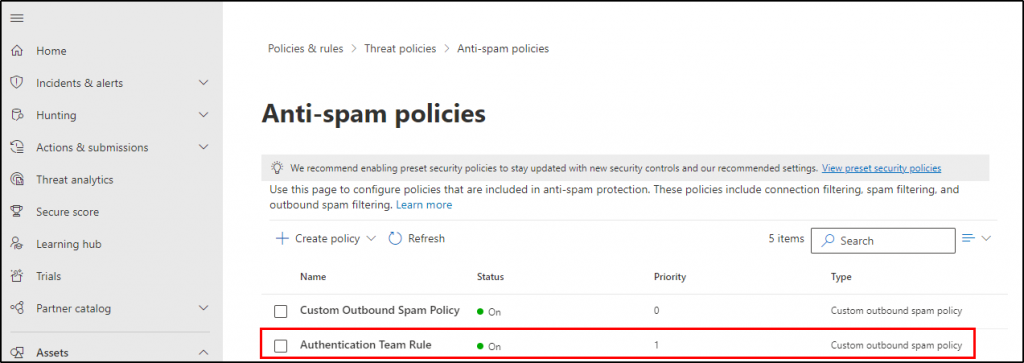 The new custom outbound spam policy