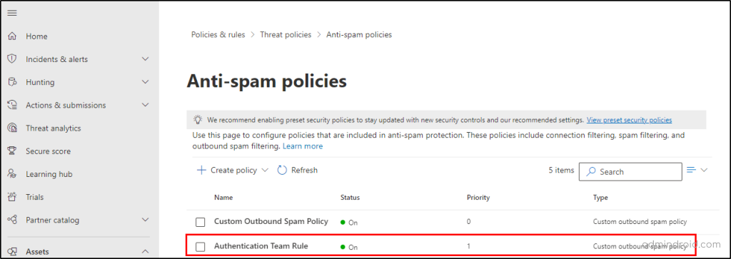 The new custom outbound spam policy