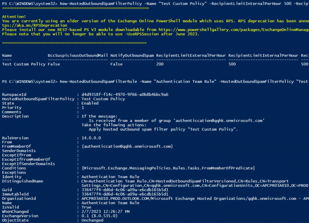 configure outbound spam policy using powershell