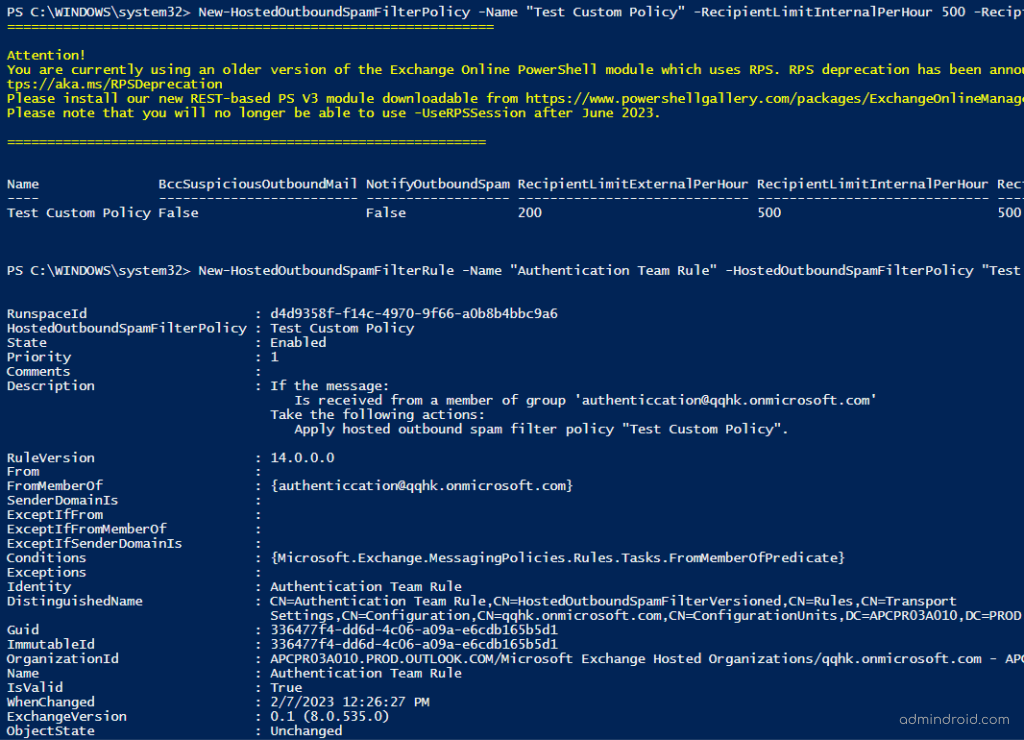 configure outbound spam policy using powershell