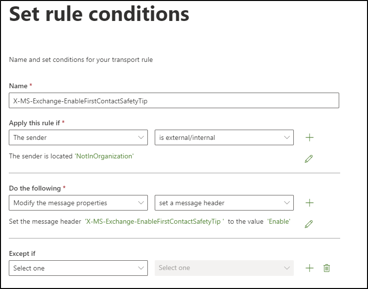 Enable First Contact Safety Tip using Mail flow rules