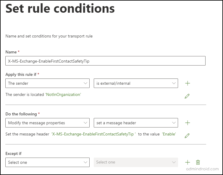 Enable First Contact Safety Tip using Mail flow rules