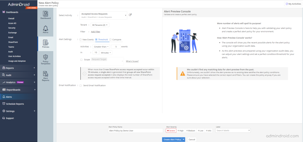 AdminDroid M365 Alert Policy Creation 