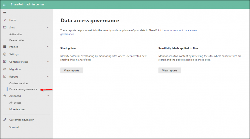 Data access governance reports in the SPAC