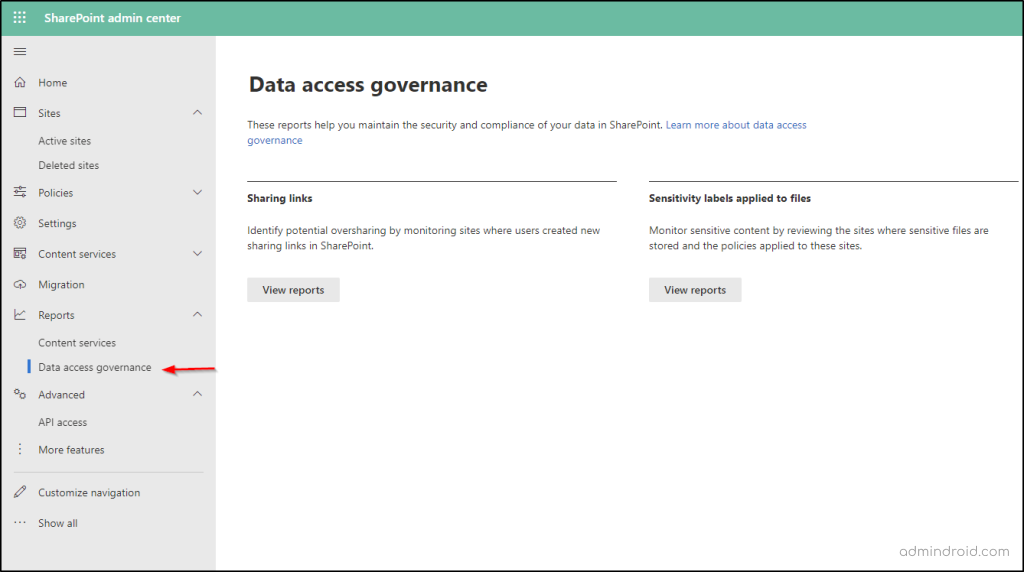 Data access governance reports in the SPAC