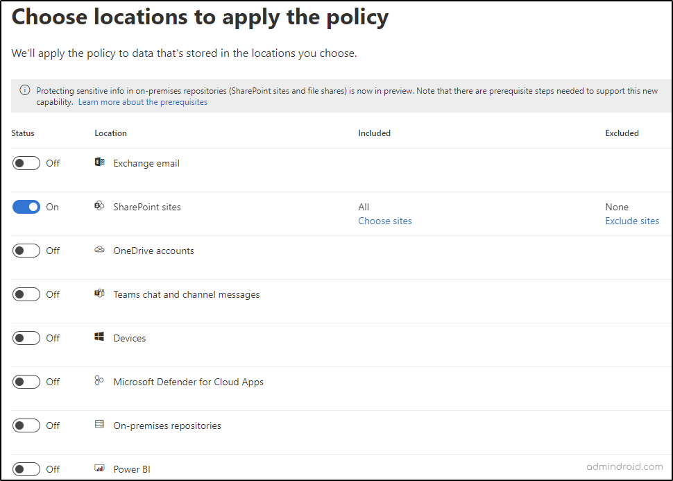 Locations for applying DLP policy