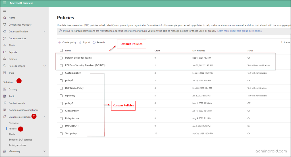 DLP policy configurations