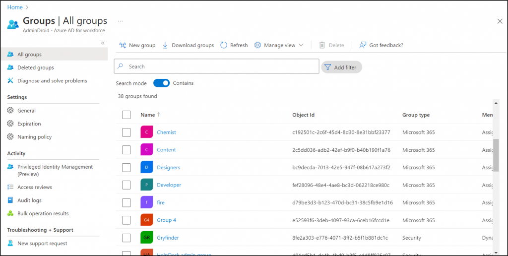Built-in Azure AD Group Reports