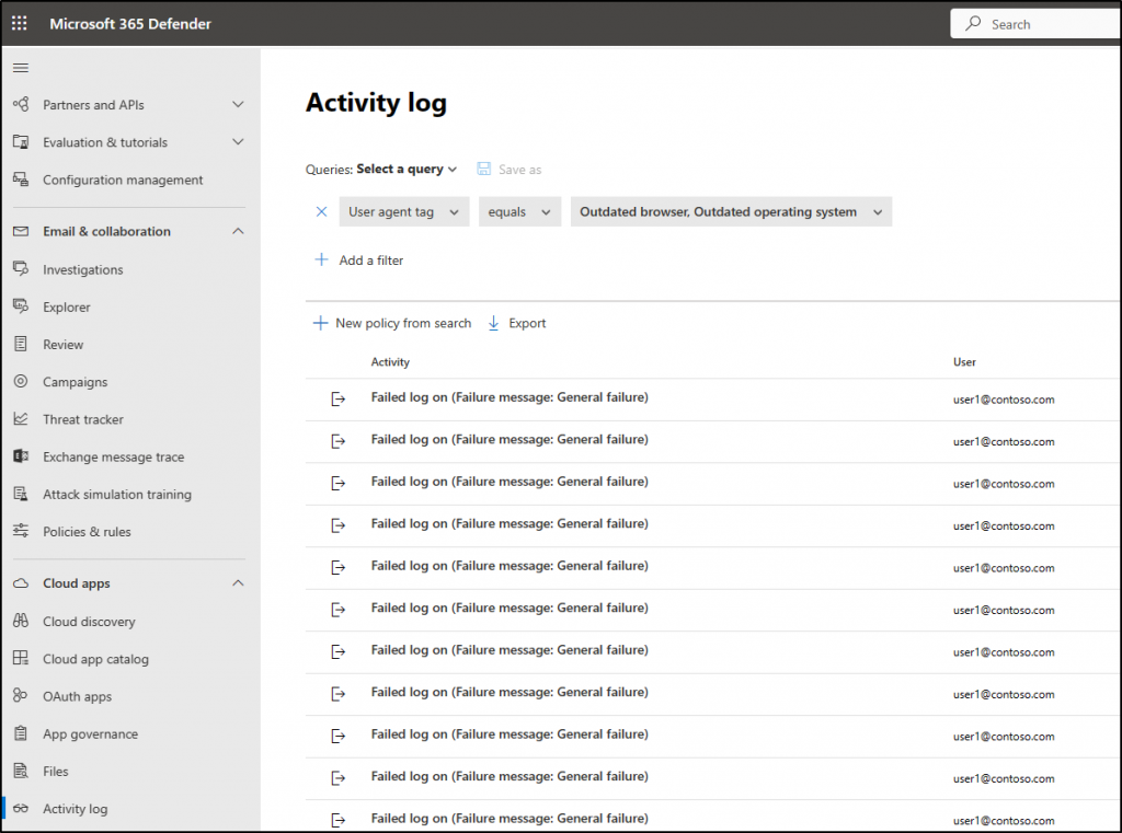 Activity Log in Microsoft 365 Defender for Cloud Apps