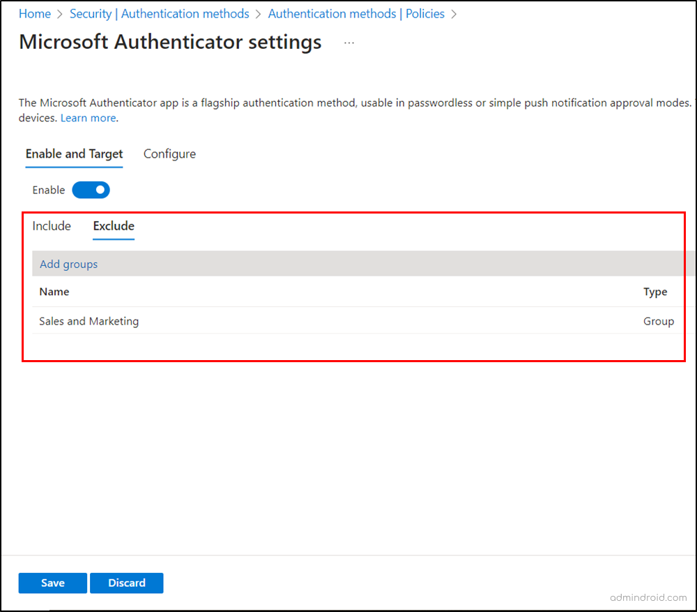 Exclude Specific groups to handle Suppress Authenticator notifications from risky sources update