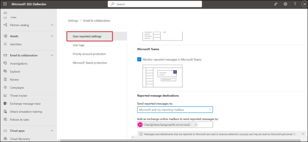 Configure the settings to report suspicious messages in Microsoft Teams under Defender