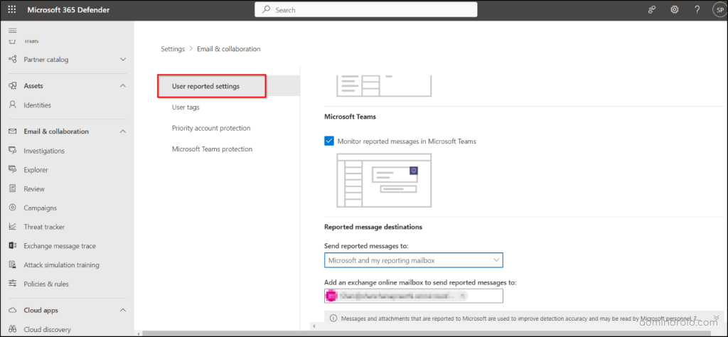 Configure the settings to report suspicious messages in Microsoft Teams under Defender