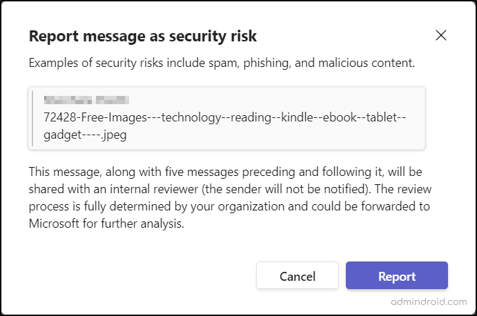 Confirmation page to report suspicious message in Teams
