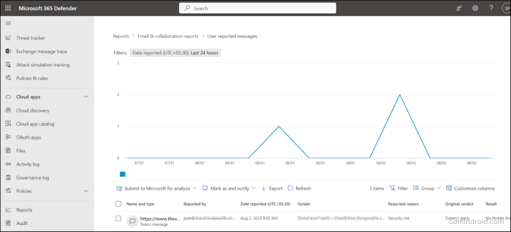 User reported messages in Microsoft 365 Defender