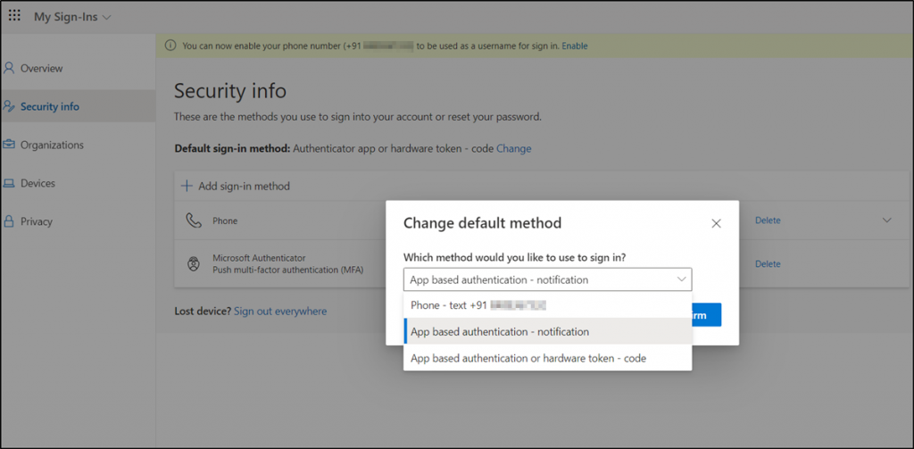 user can change the default MFA method from Microsoft Portal