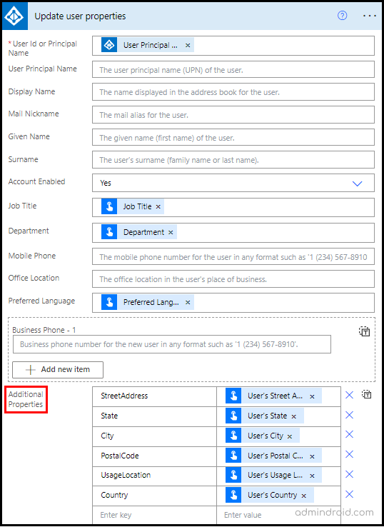 Updating Additional Properties for the User