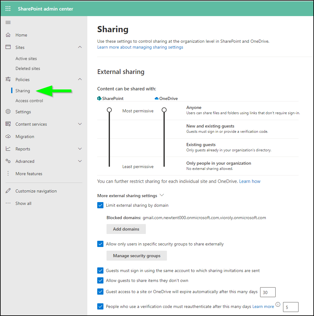 SharePoint Online security settings
