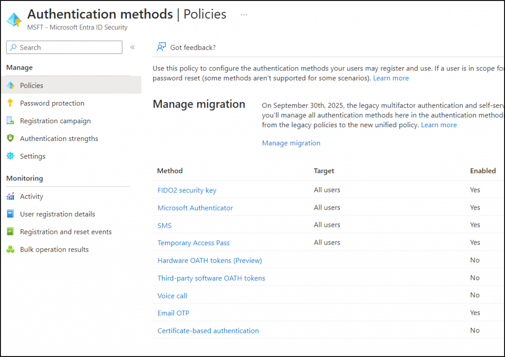 Authentication methods Policy in MS Entra ID