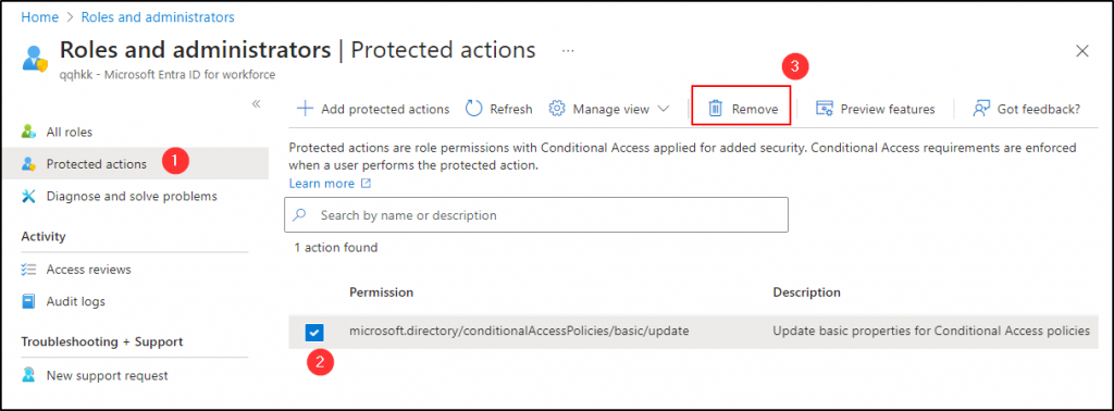 Remove Protected Actions in MS Entra ID