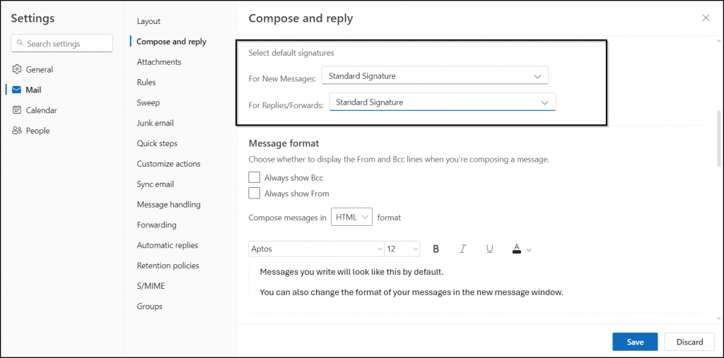 Select default signature for messages