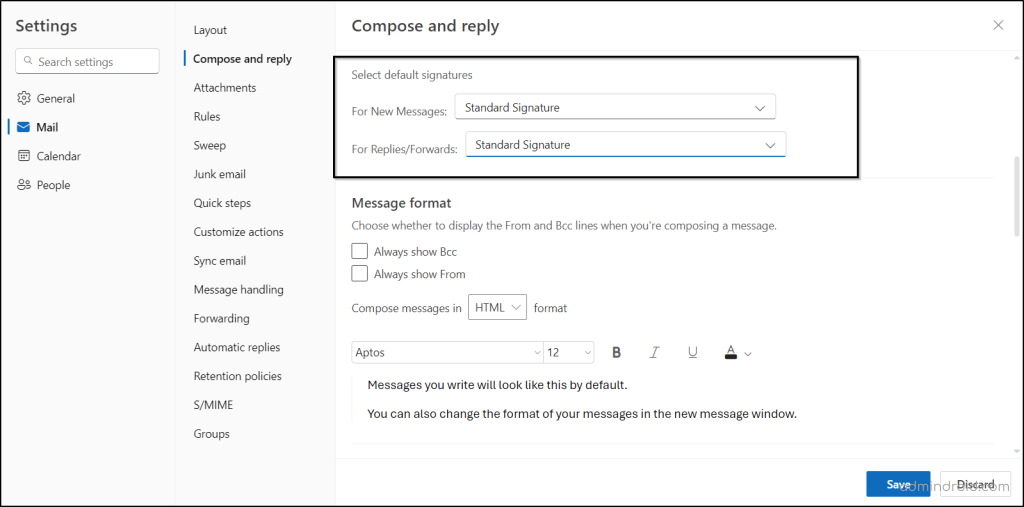 Select default signature for messages