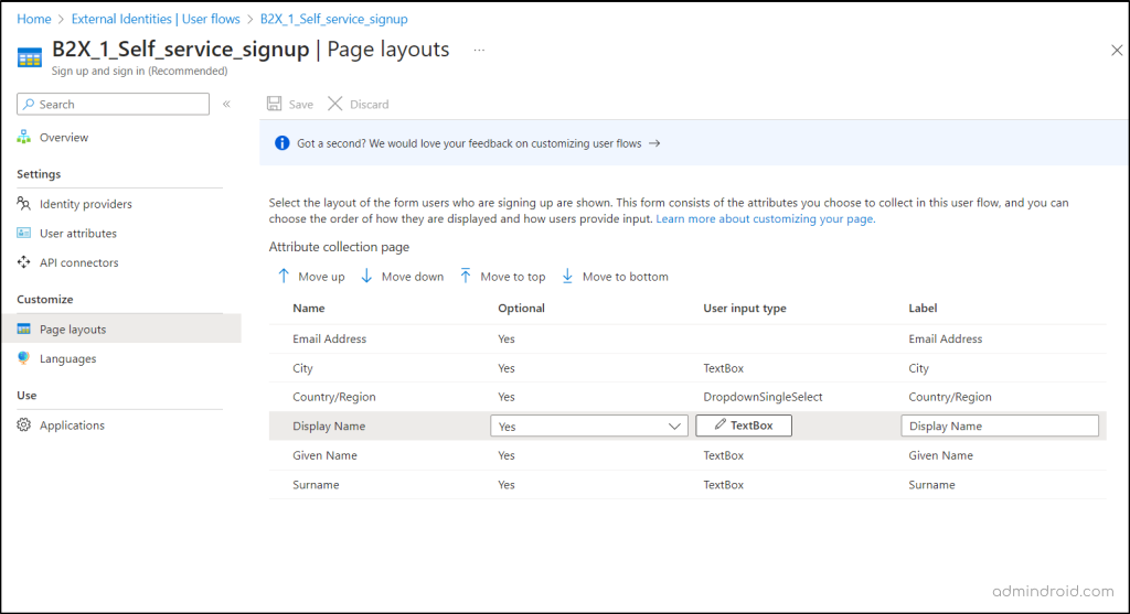 Customize page layout of the attribute collection form