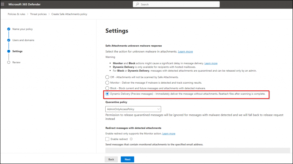 Dynamic delivery option of Safe Attachments in Microsoft 365