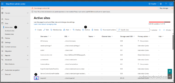 Archive sites from the SP admin center