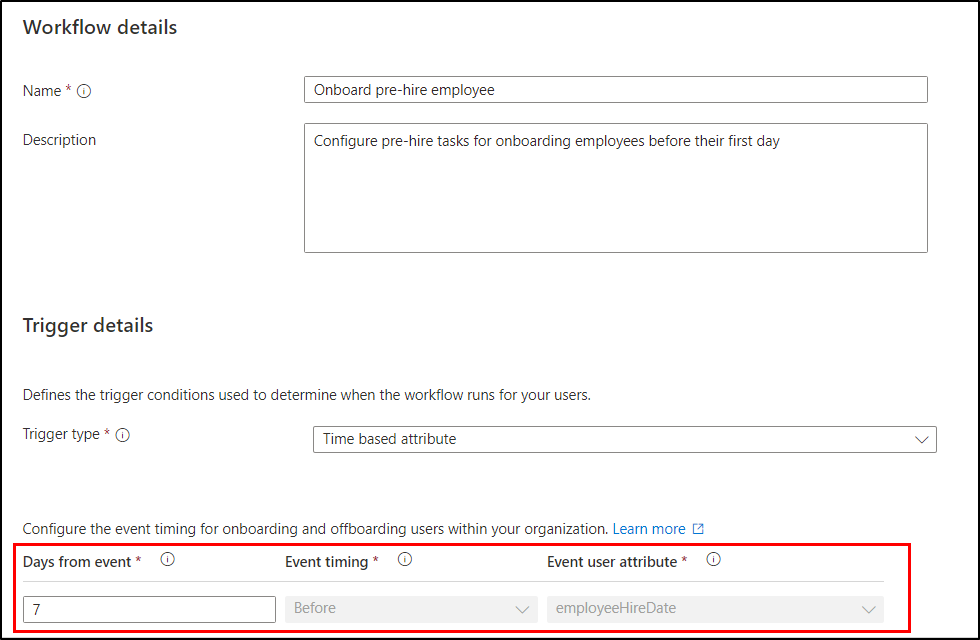 Configure trigger details for automated onboarding tasks using lifecycle workflows